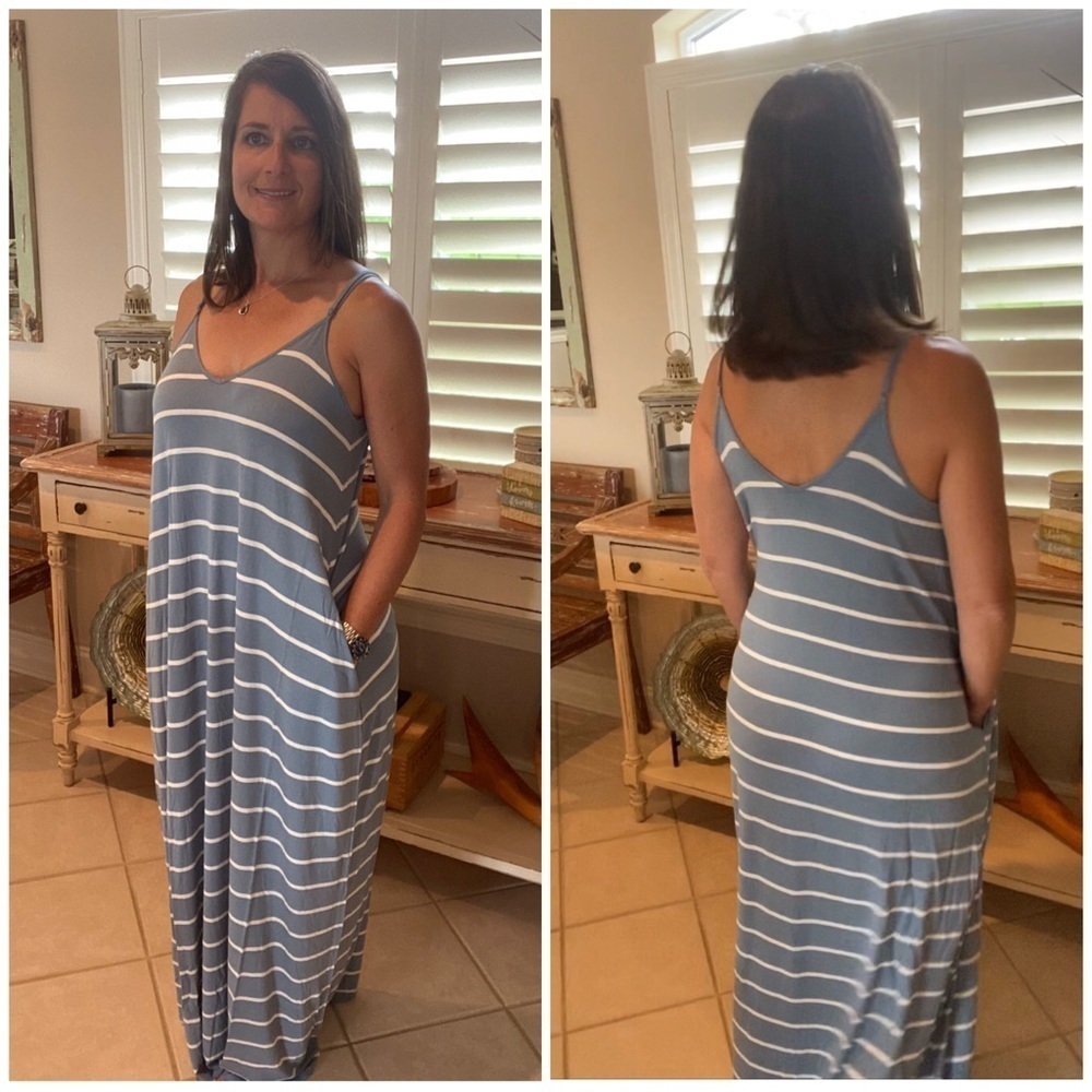 Striped Pocket Spaghetti Maxi Dress Blue 1819